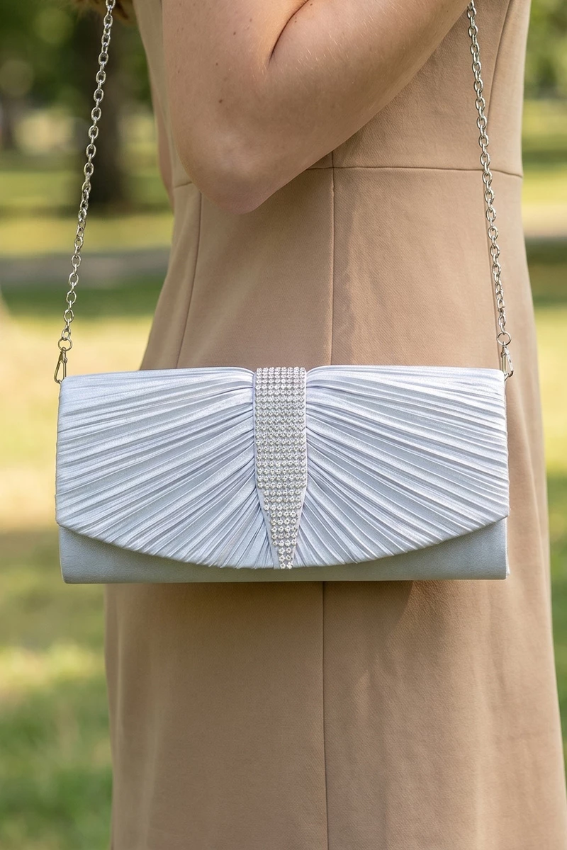 Satin Pleated Rhinestone Tassel Evening Clutch