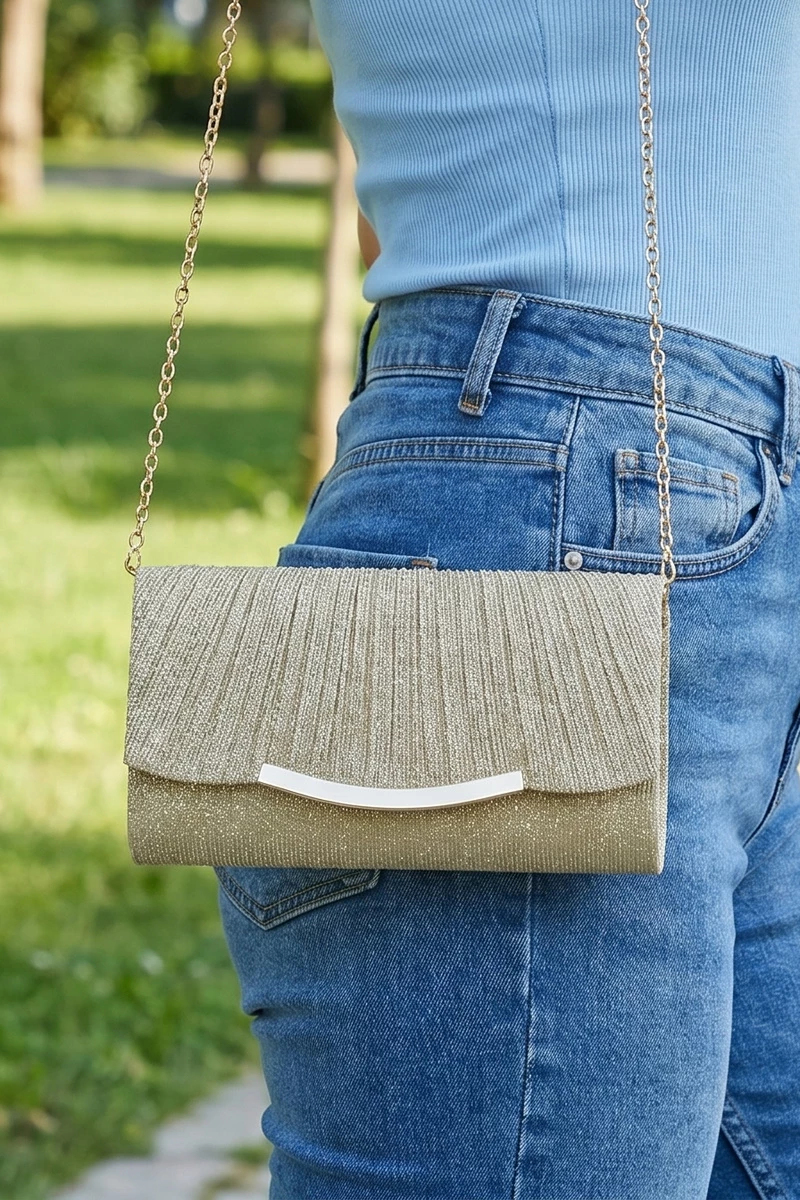 Glitter Pleated Metal Bar Evening Clutch