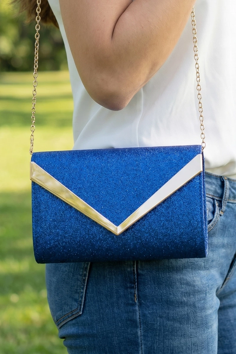 Glitter V Bar Flap Detail Evening Clutch