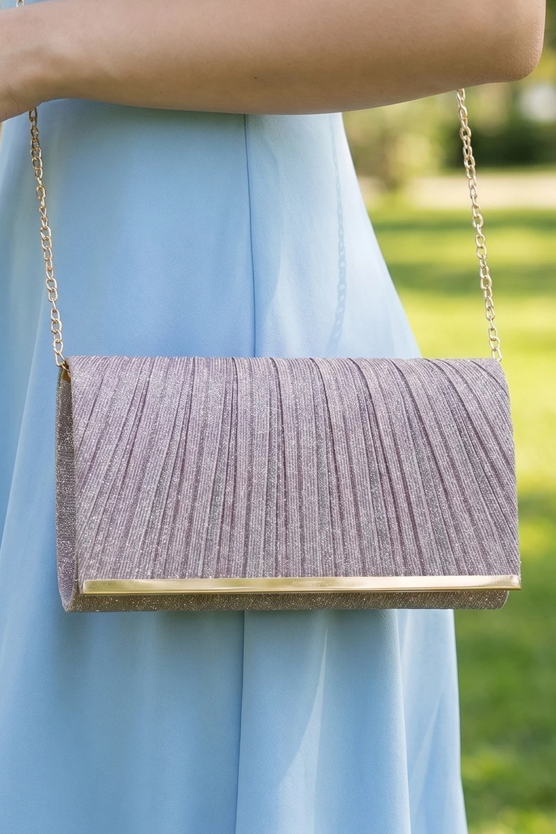 Glitter Pleated Bottom Bar Evening Clutch