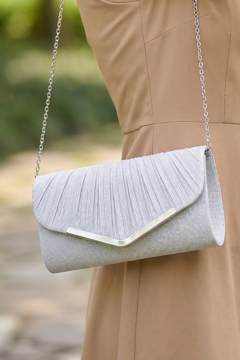 Pleated Glitter Satin V Bar Clasp Envelope Clutch