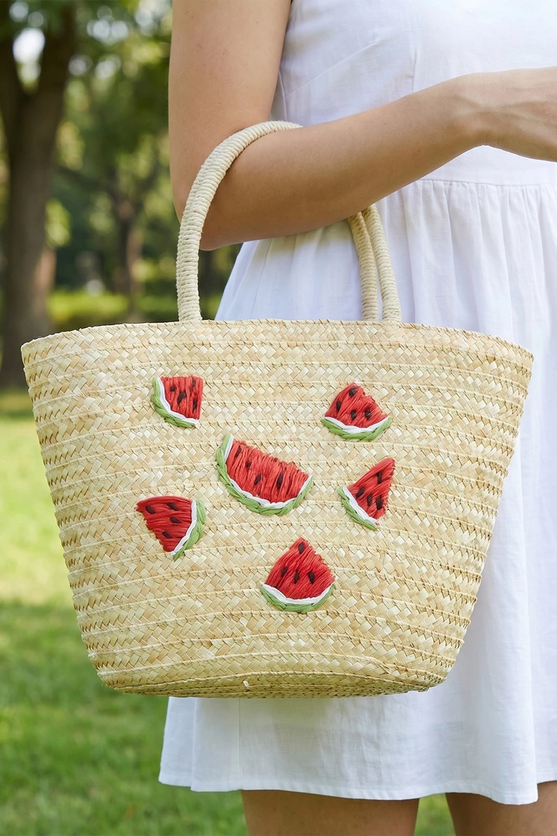 Embroidered Fruit Straw Tote Bag