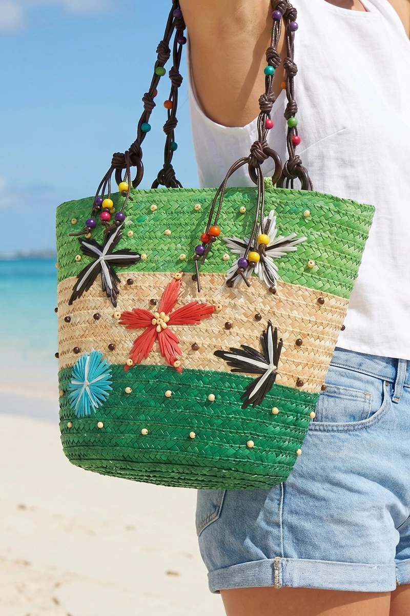 Stripe And Floral Applique Straw Tote Bag