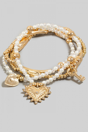 Heart And Key Charms Mixed Beaded Bracelet Set