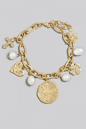 Heart Pearl Coin Clover And Cross Charms Chain Bracelet