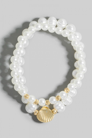 Clam Shell Charm Pearl Beaded Bracelet Set