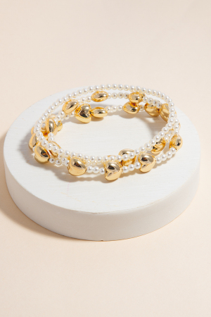Metallic Hearts And Pearl Beaded Bracelet Set