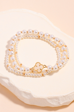 Faceted Clover Charm Pearl Beaded Bracelet