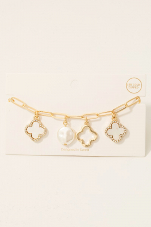 Gold Dipped Larger Pearl And Clover Charms Chain Bracelet