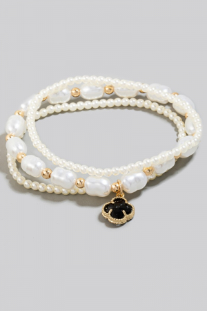 Glass Clover Charm Mixed Pearl Beaded Bracelet Set