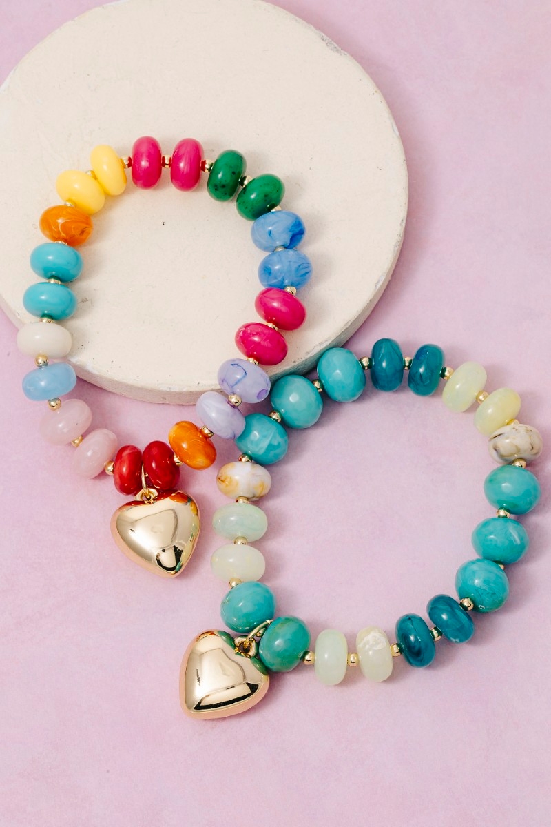 Heart Charm Mixed Marble Resin Beaded Bracelet