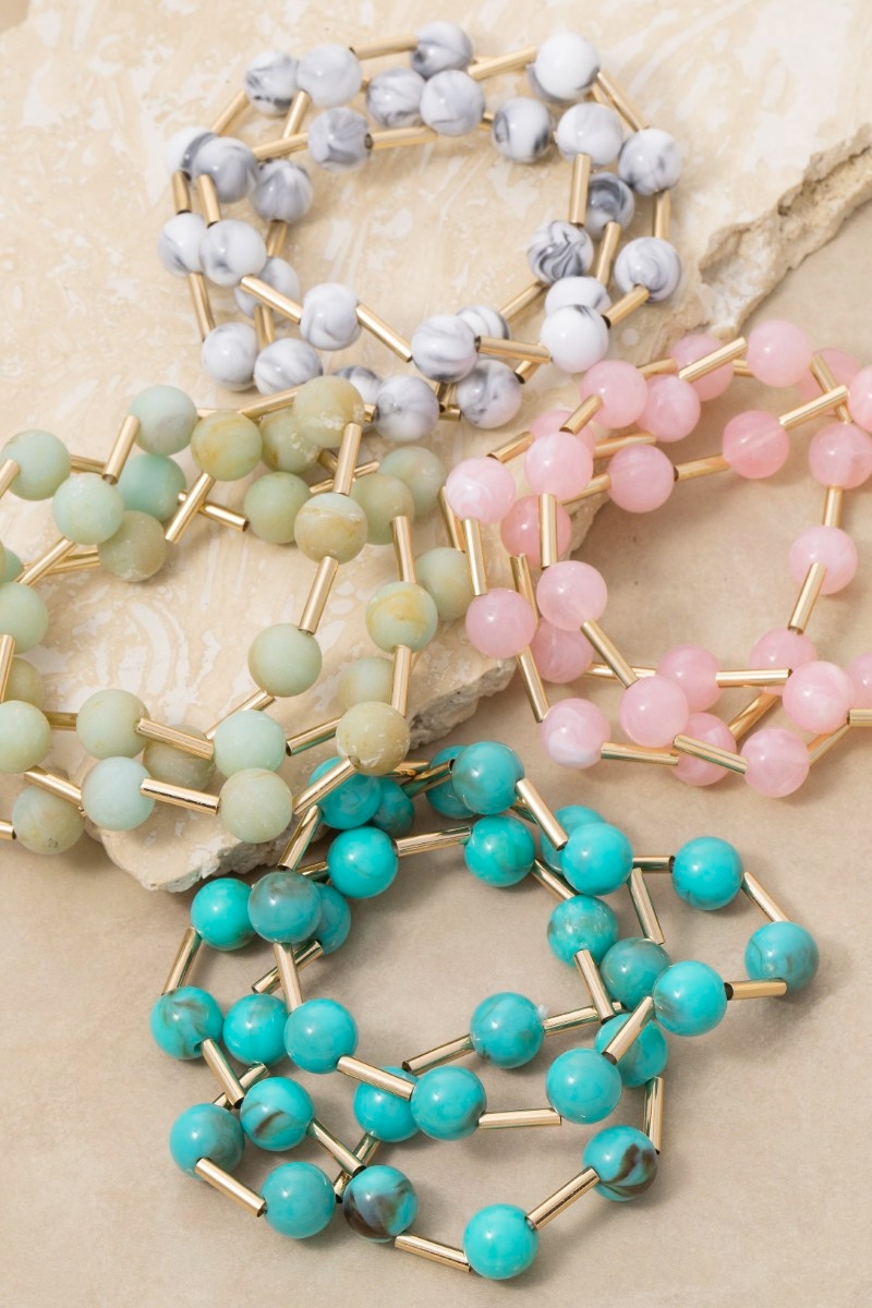 Metallic Bars And Ball Resin Beads Bracelet 3 Set
