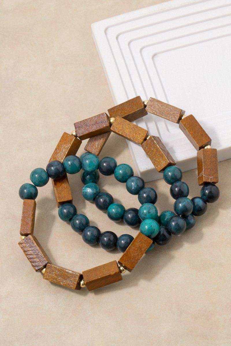 Marble Resin And Wooden Beads Bracelet Set