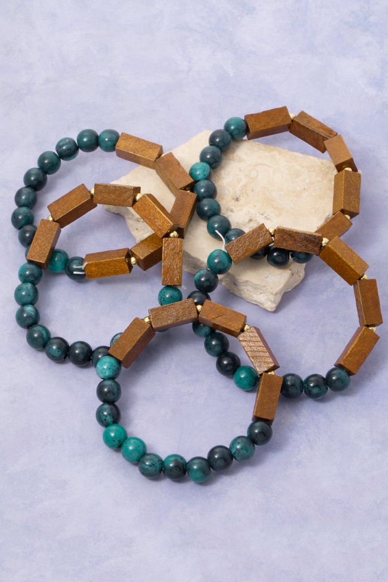Multi Marble Resin And Wooden Beads Bracelet Set