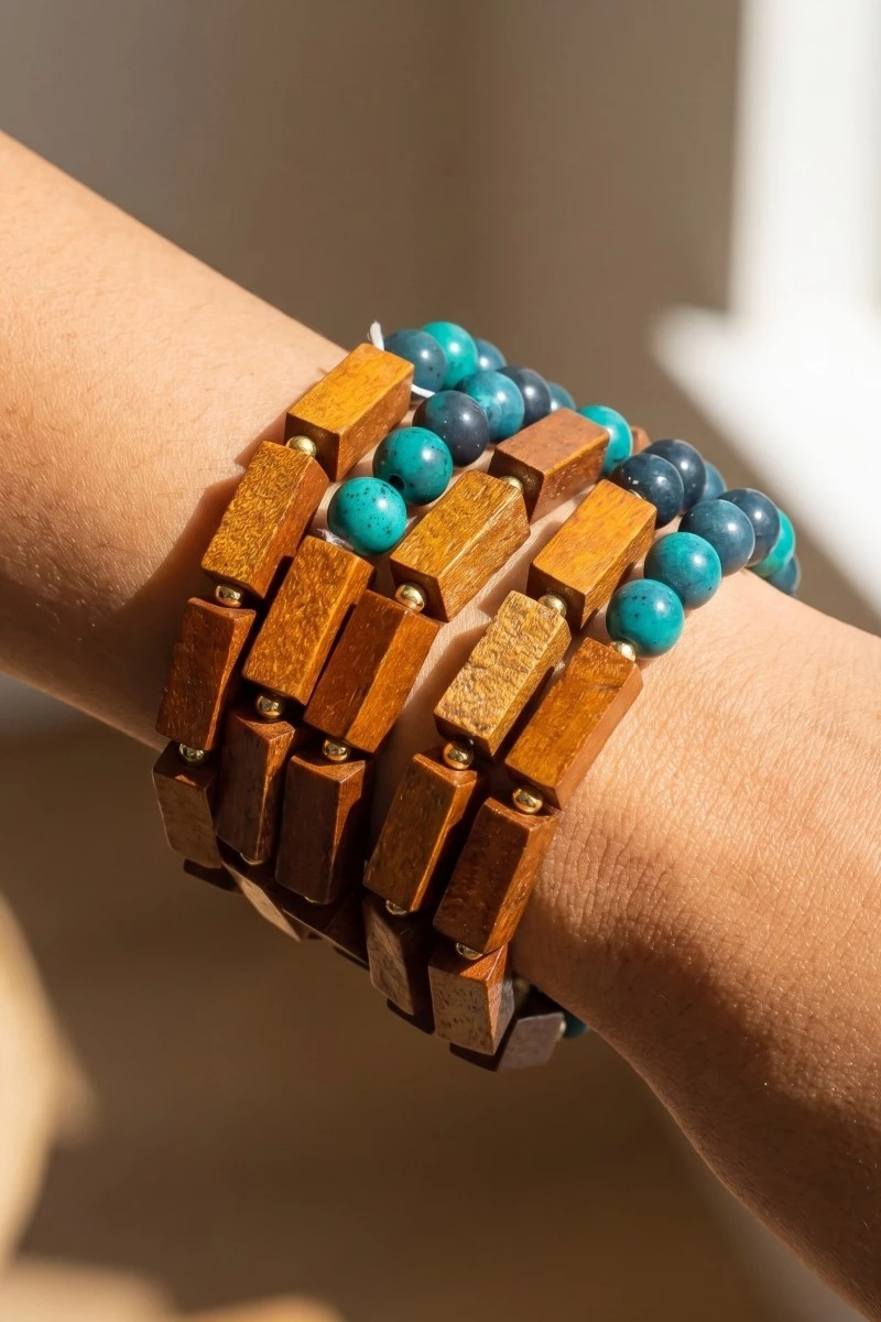 Multi Marble Resin And Wooden Beads Bracelet Set