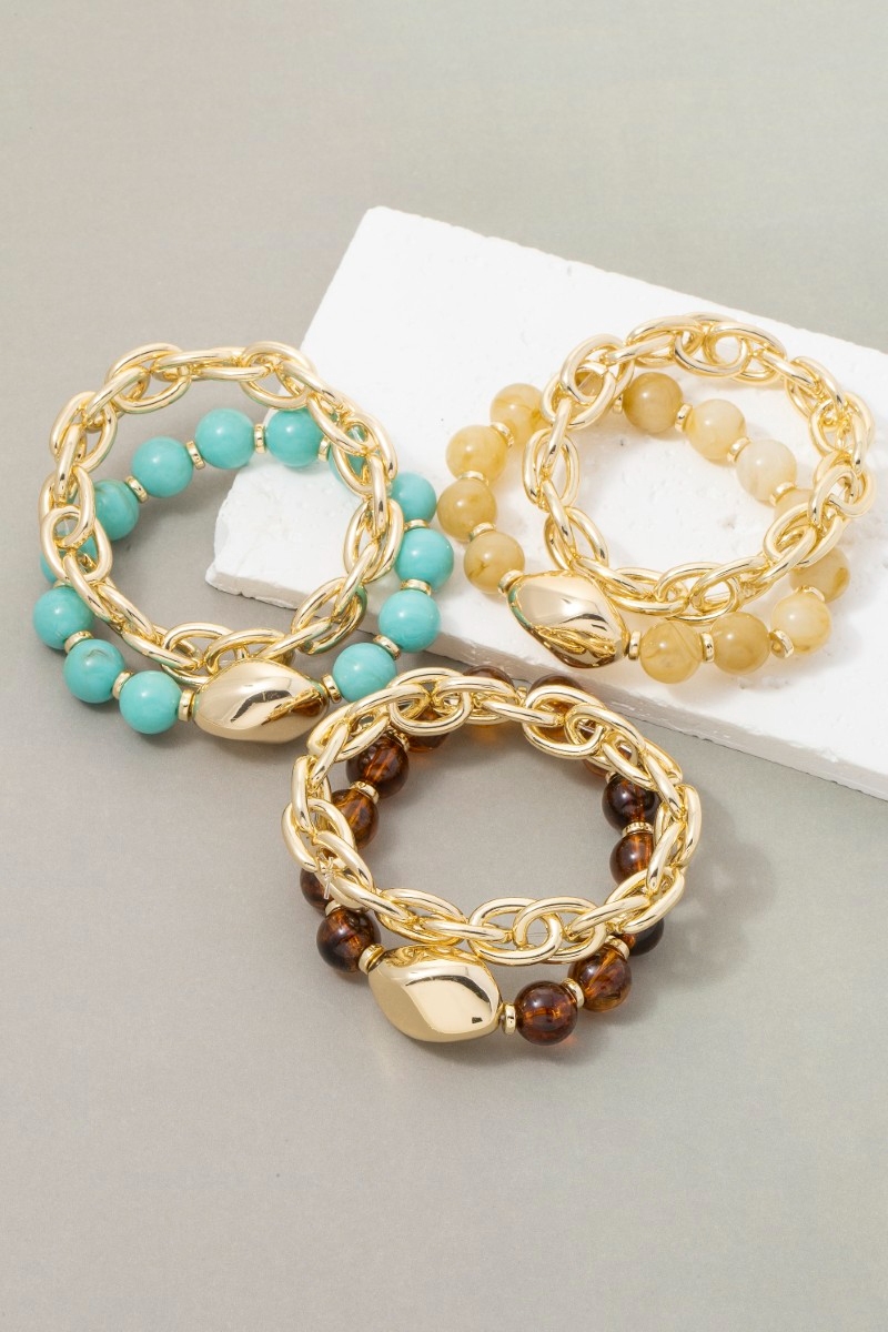 Marble Resin Beads And Chain Layered Bracelet