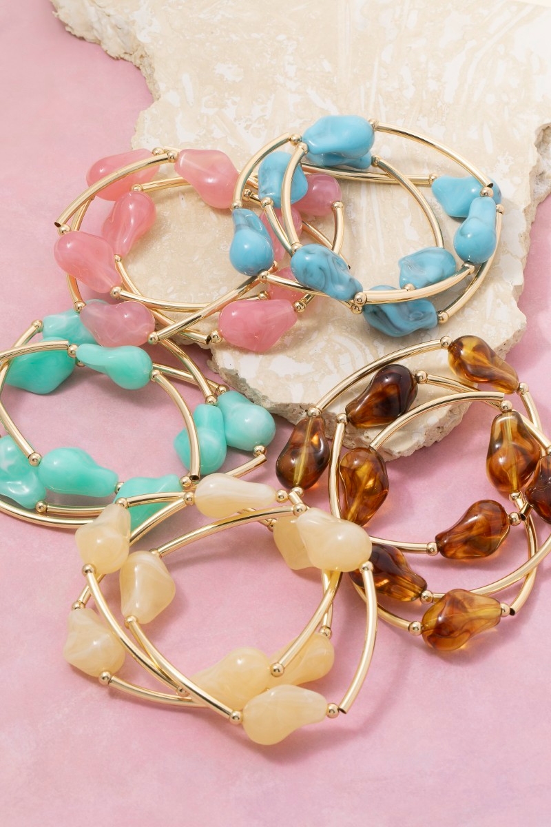 Marble Resin Irregular Beads And Metallic Tubes Bracelet Set