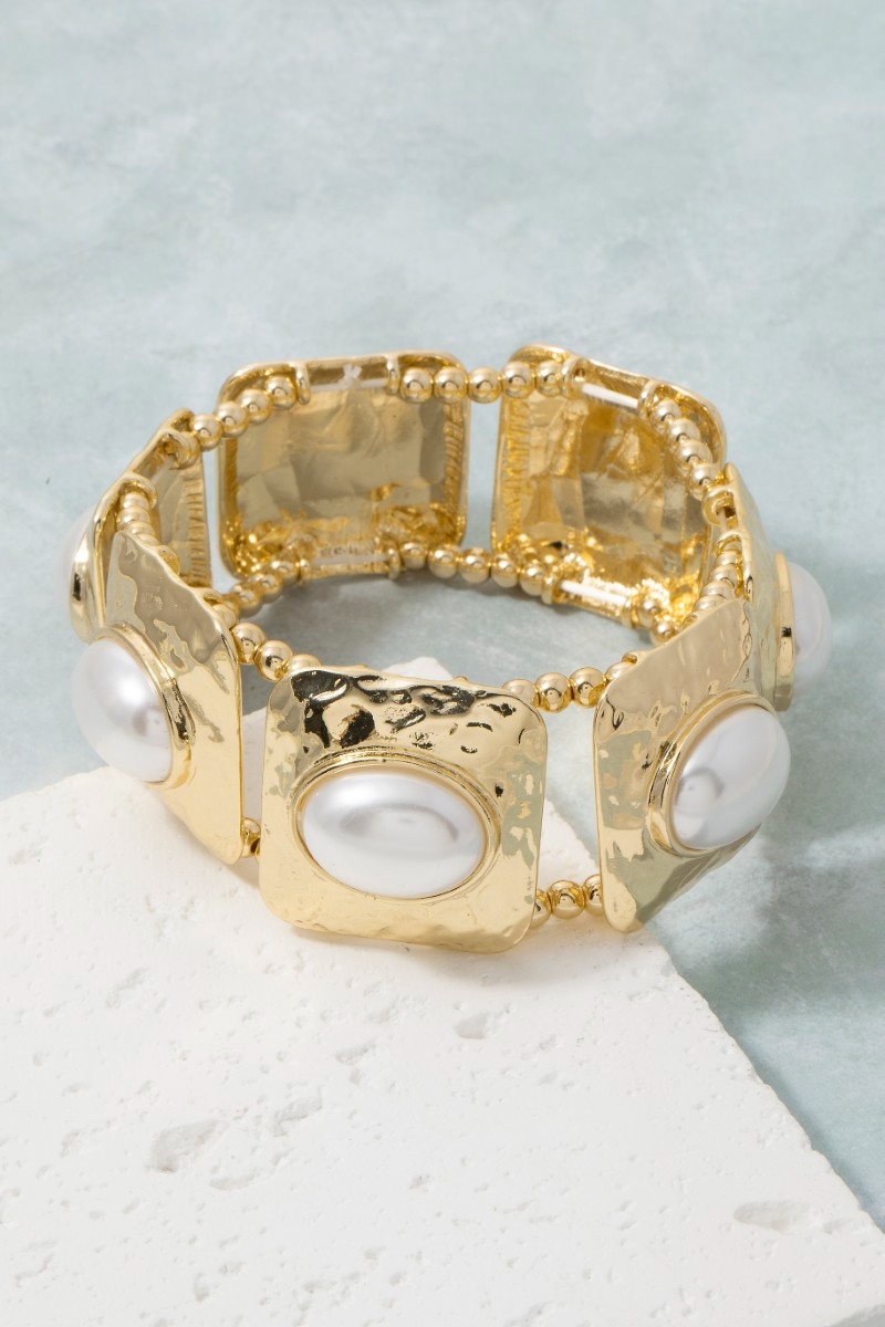 Hammered Square & Pearl Stretch Bracelet