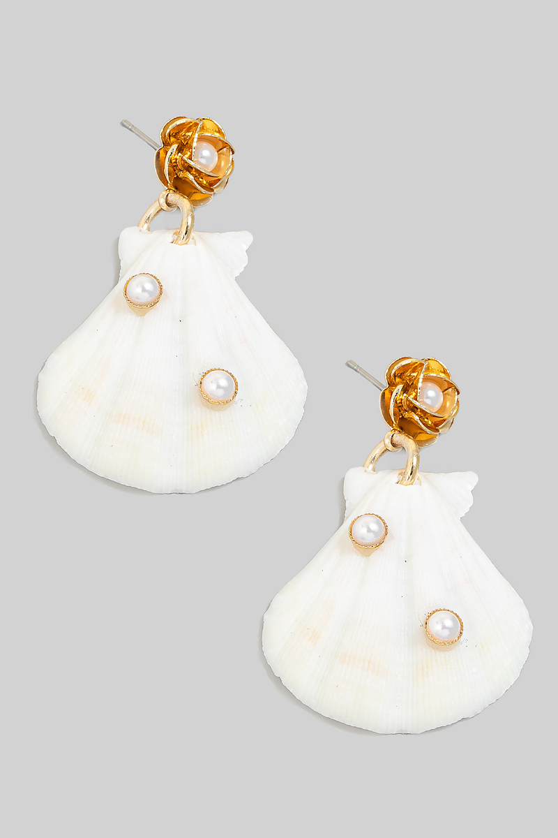 Metallic Flower Stud Seashell Dangle Earrings