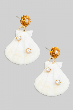Metallic Flower Stud Seashell Dangle Earrings