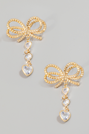 Rhinestone Heart Dangle Ribbon Bow Stud Earrings