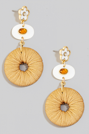 Shell Flower And Oval Thread Wrapped Hoop Dangle Earrings