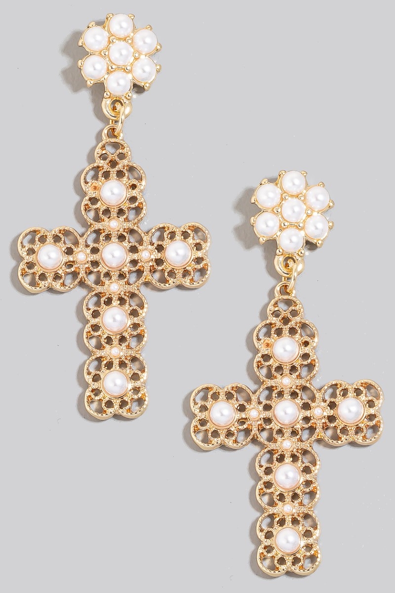 Pearl Stud Ornate Cross Dangle Earrings