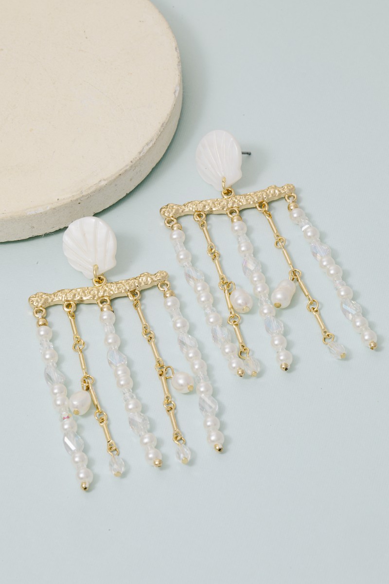 Sea Shell And Pearl Bead Fringe Dangle Earrings