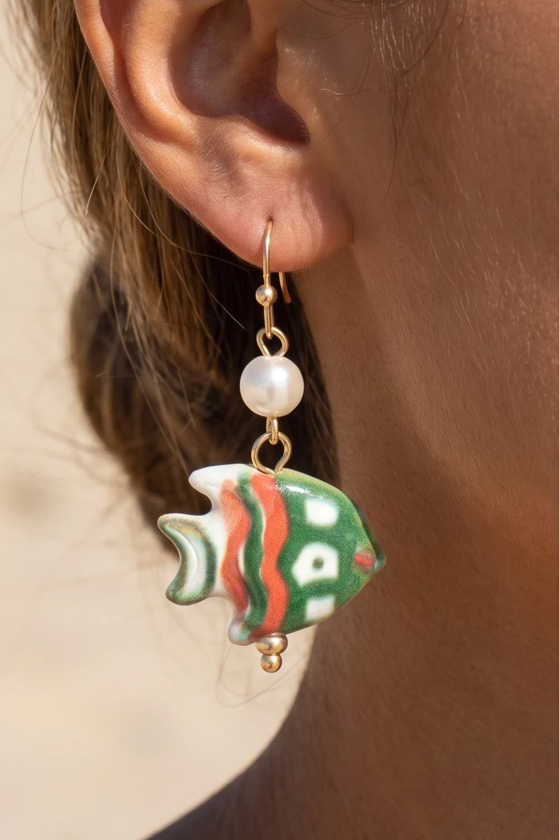 Painted Ceramic Fish And Pearl Drop Earrings