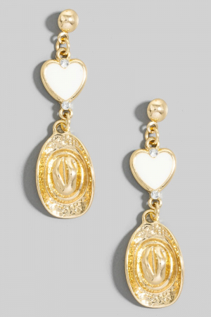 Enamel Heart And Western Cowboy Hat Dangle Earrings