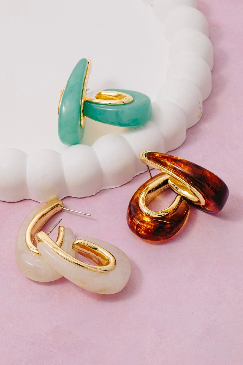Gold Dipped Marble Resin Oval Hoop Earrings