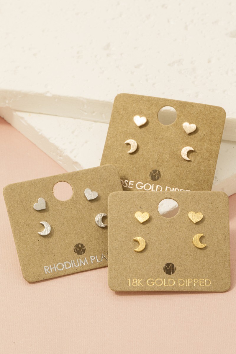 Gold Dipped Mini Heart And Moon Stud Earring Set