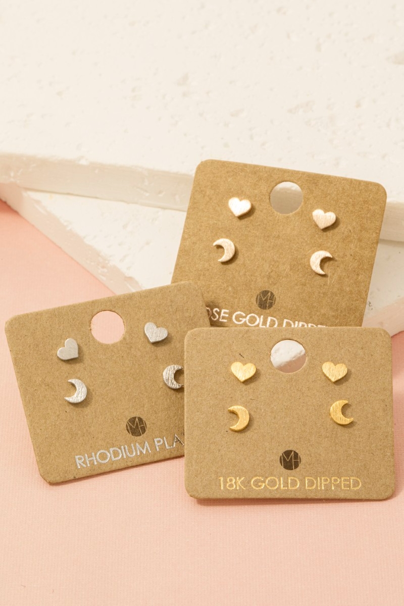 Gold Dipped Mini Heart And Moon Stud Earring Set