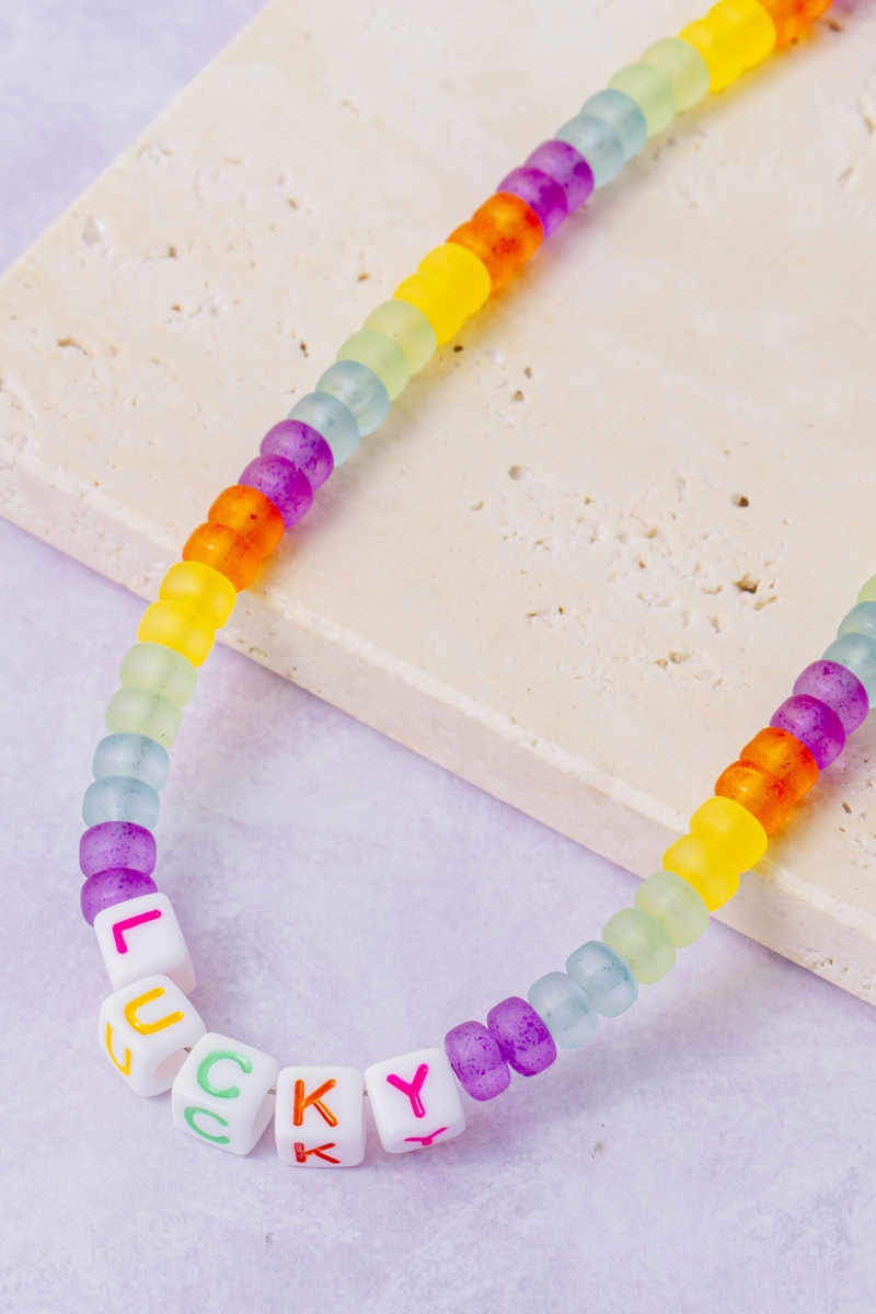 Lucky Letter Rainbow Bead Pendant Necklace