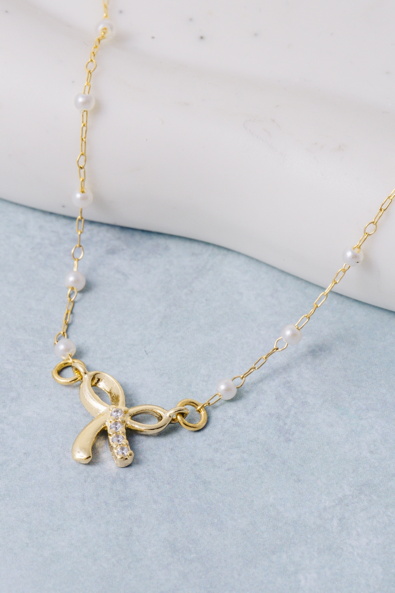 Freshwater Pearl Station Bow Pendant Necklace