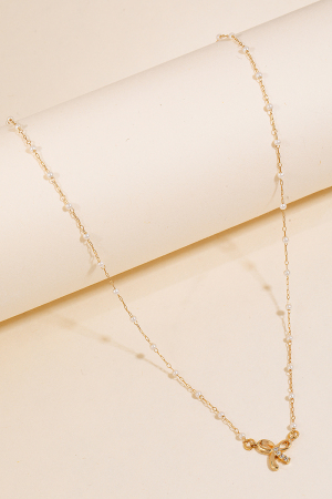 Bow Pendant Pearl Beaded Station Chain Necklace