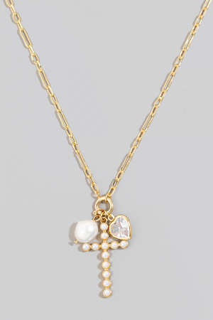 Pearl Studded Cross And Charms Chain Necklace