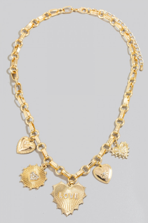 Rhinestone Studded Heart And Love Charms Chain Necklace