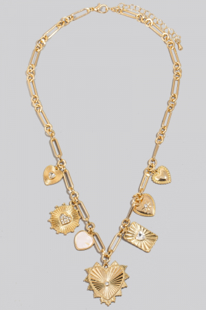 Mixed Studded Metallic Heart Charms Necklace