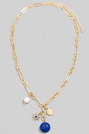 Intricate Heart And Pearl Charms Chain Necklace