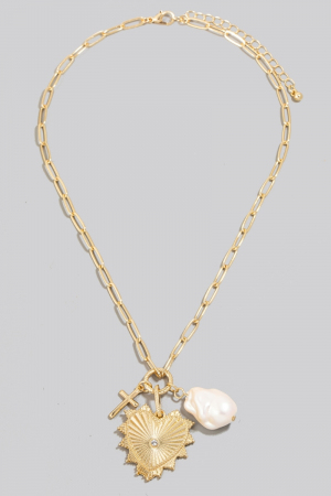 Single Stud Hear And Pearl Charm Chain Necklace