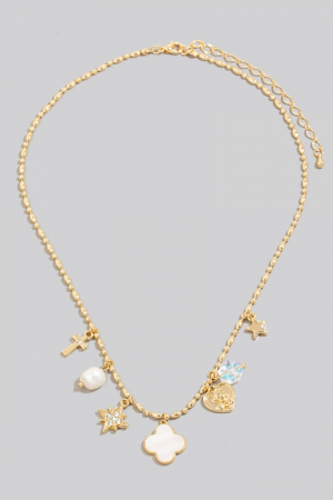 Clover And Pearl Shell Charms Chain Necklace