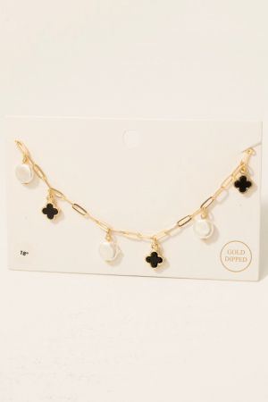 Gold Dipped Pearl And Clover Charms Chain Necklace