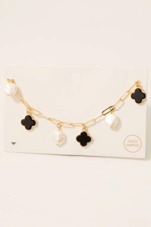 Gold Dipped Larger Pearl And Clover Charms Chain Necklace