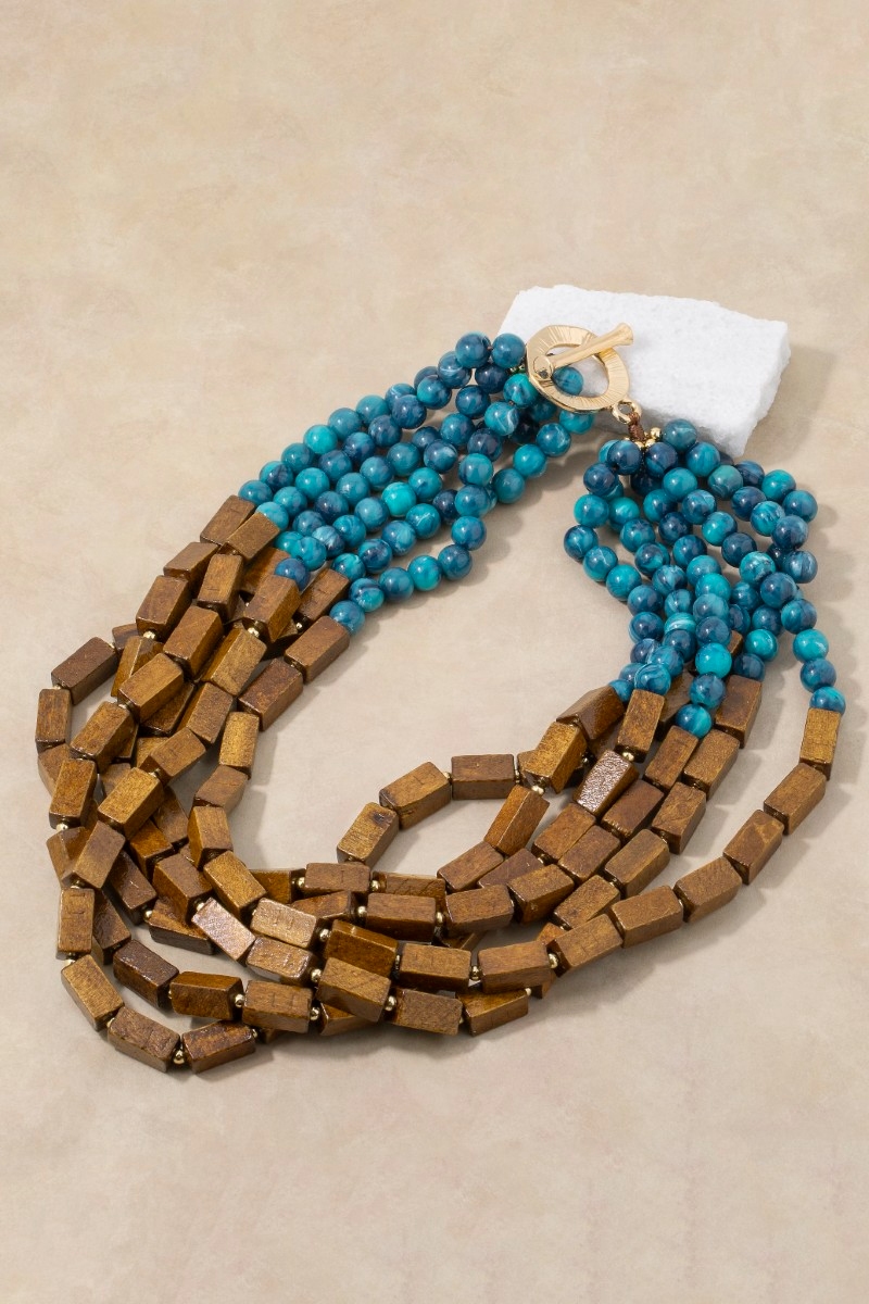 Gold Dipped Marble And Wood Resin Layered Statement Necklace