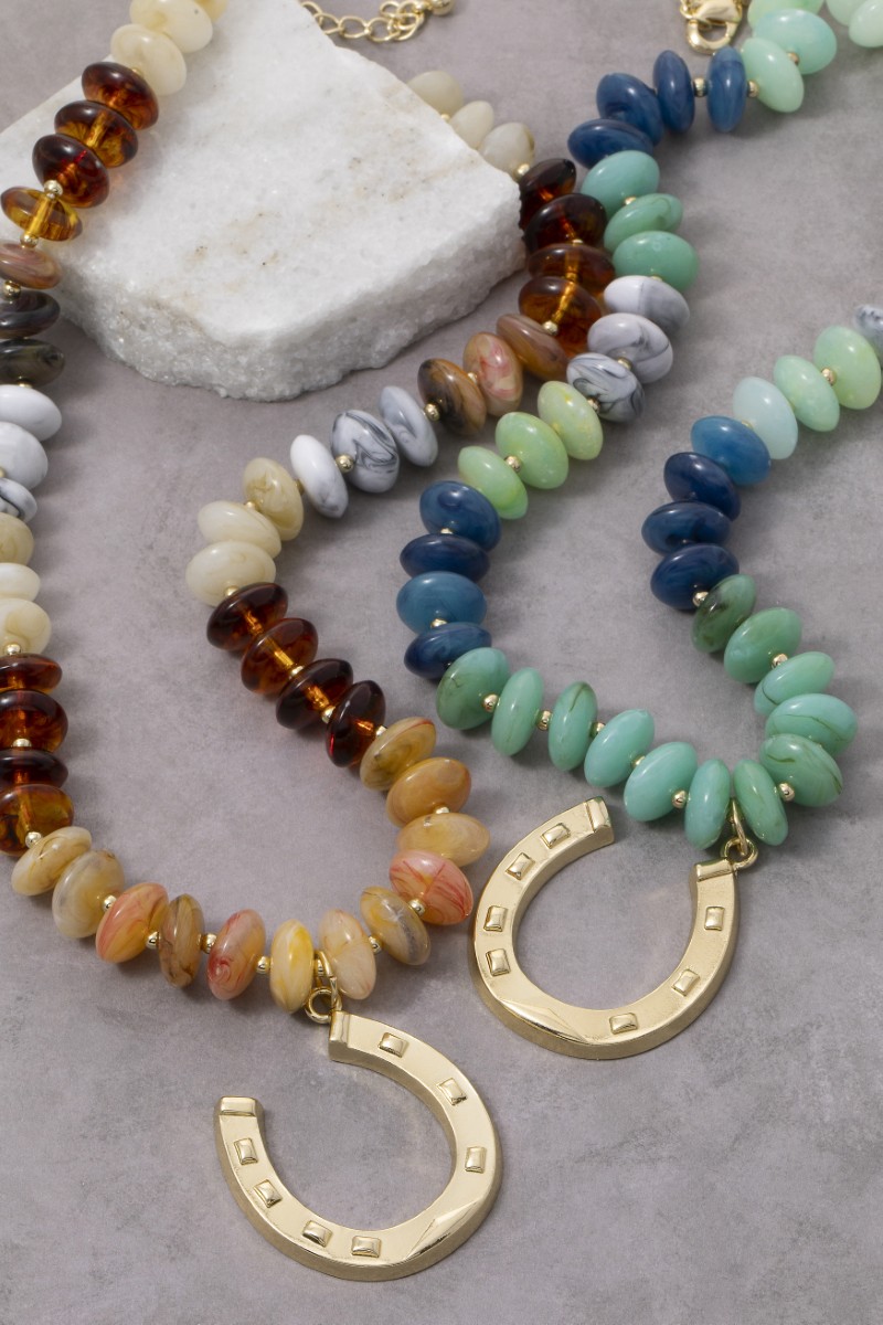 Gold Dipped Horse Show Pendant Marble Resin Disc Beaded Necklace