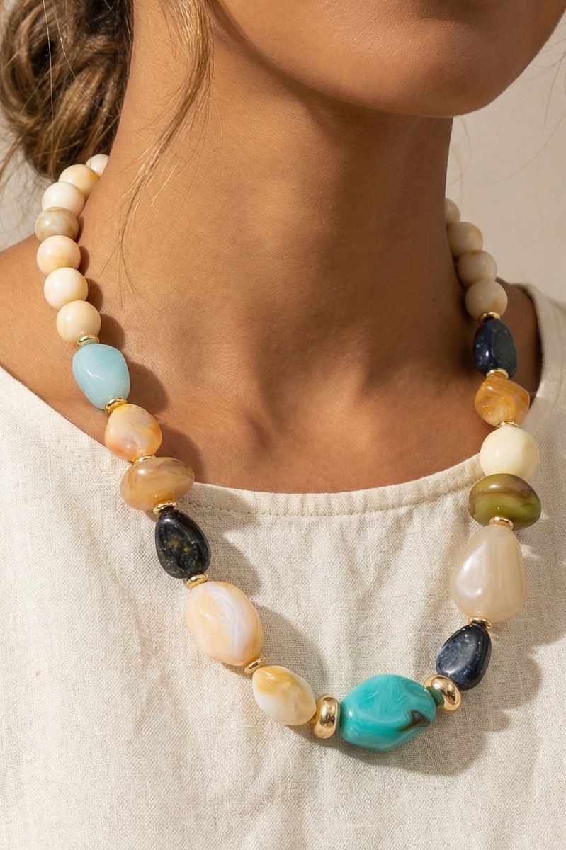 Gold Dipped Mixed Marble Resin Beads Necklace