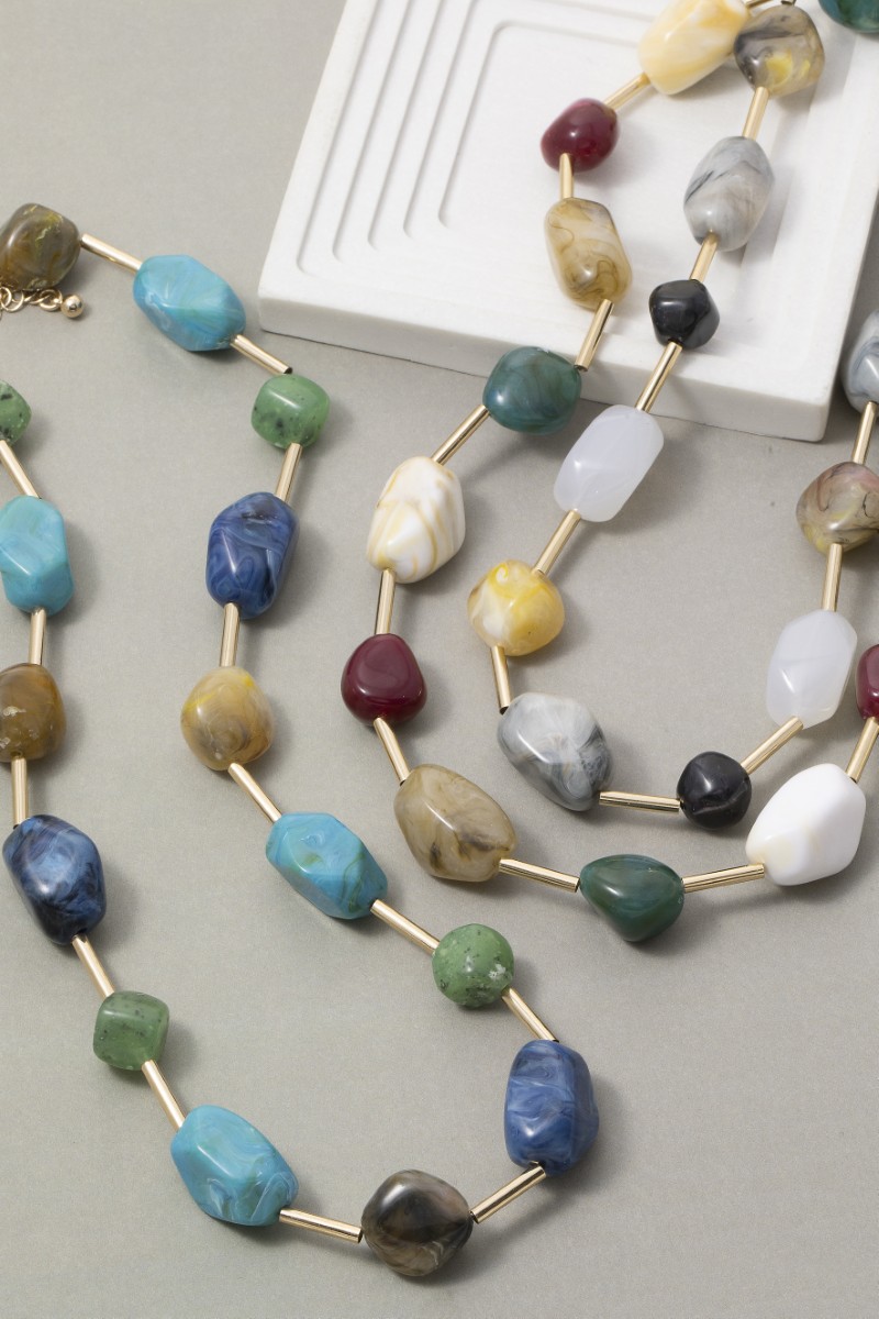 Gold Dipped Marble Acrylic Beads And Metallic Tubes Necklace