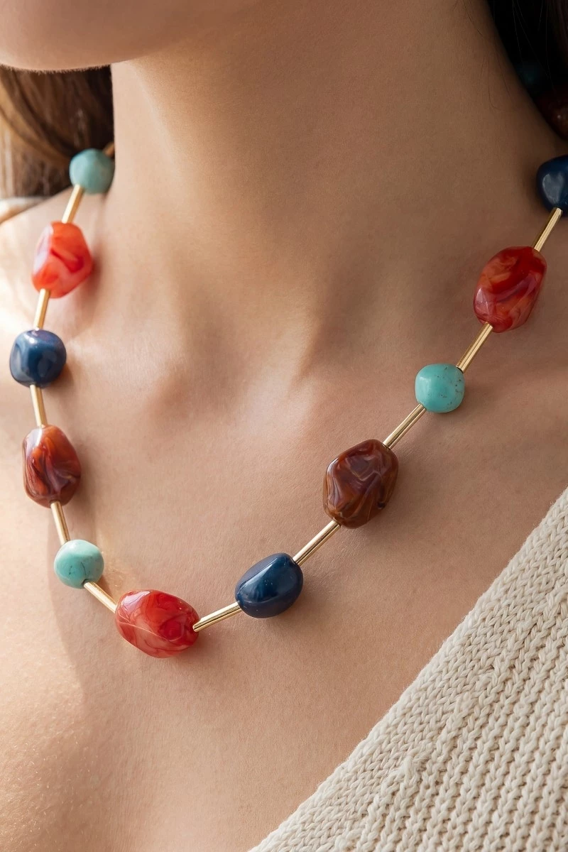 Gold Dipped Marble Acrylic Beads And Metallic Tubes Necklace
