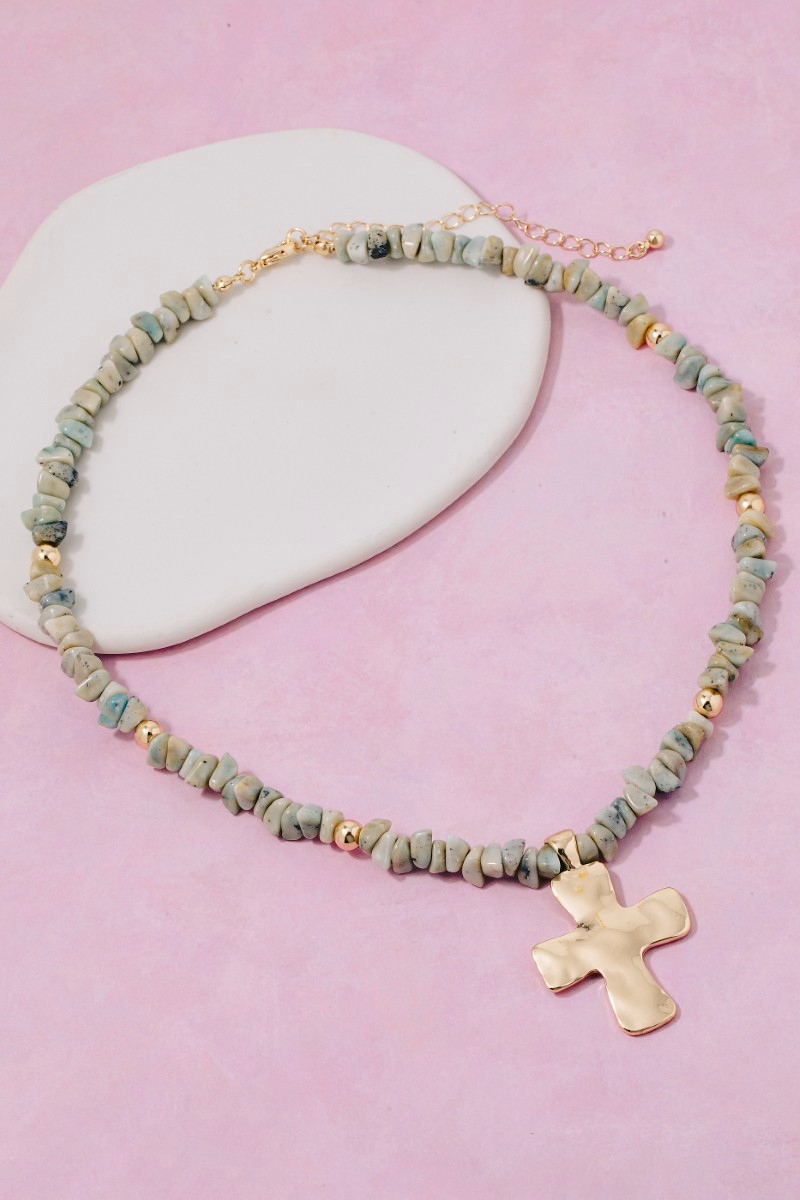 Gold Dipped Cross Pendant Chip Stone Beaded Necklace